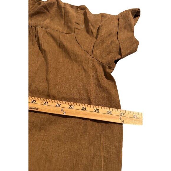 Handmade Brown Short-Sleeve Button-Up Dress With Embroidered Pockets & Collar Tr - Picture 8 of 8